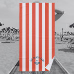 The Beach Club Blue Crest OrangeRed Cabana Stripe  Beach Towel<br><div class="desc">The Beach Club beach towel is perfect for your beach get away... orange/red cabana stripes with custom beach club crest. Personalize with the details of you beach trip... year, beach and destination. Perfect for a family or friends beach trip or beach club bachelorette or as a memento for a past...</div>