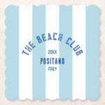 The Beach Club Crest Blue Cabana Stripe Paper Coaster<br><div class="desc">The Beach Club paper coasters are perfect for your beach club theme summer gatherings in the garden, by the pool or at the beach... Blue cabana stripes with green distressed custom beach club crest. Personalize with the details of your gathering... year, beach and destination. Perfect for a family or friends...</div>