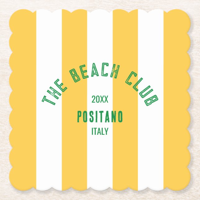 The Beach Club Crest Yellow Cabana Stripe Paper Coaster (Front)