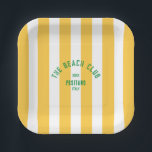 The Beach Club Crest Yellow Cabana Stripe Paper Plate<br><div class="desc">The Beach Club square paper plates are perfect for your summer gatherings in the garden, by the pool or at the beach... Yellow cabana stripes with green distressed custom beach club crest. Personalize with the details of your gathering... year, beach and destination. Perfect for a family or friends beach trip,...</div>
