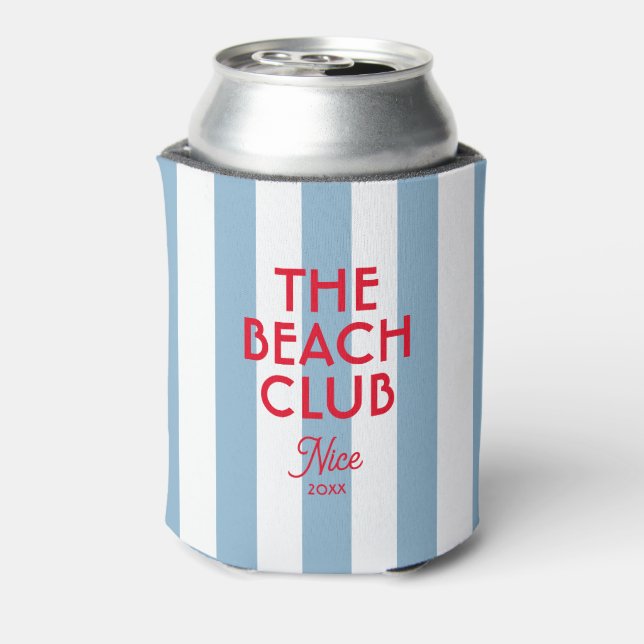 The Beach Club French Red Blue Cabana Stripe Can Cooler (Can Back)