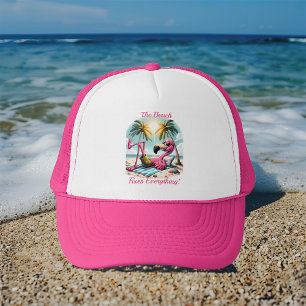 The Beach Fixes Everything' Flamingo Beach Trucker Hat