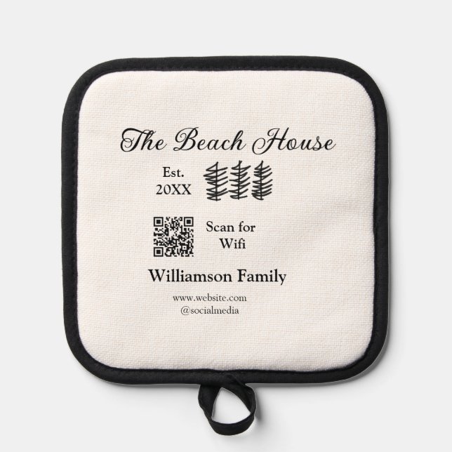 The beach house add family name Q R scan wifi webs Pot Holder (Front)