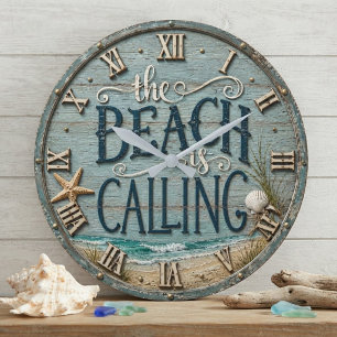 The Beach Is Calling Rustic Beach House Ocean  Large Clock