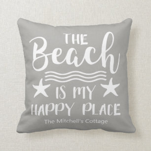 The Beach Is My Happy Place Quote Coastal Nautical Throw Pillow