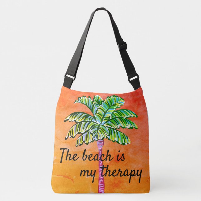 The Beach is My Therapy Orange Tropical Palm Tree  Crossbody Bag (Front)