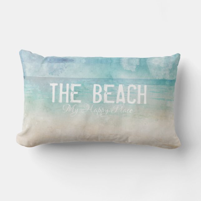 The Beach My Happy Place Ocean Sand Water Shore Lumbar Pillow (Front)