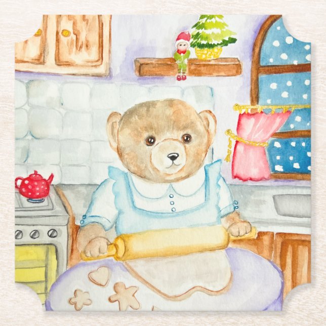 The bear bakes gingerbread paper coaster (Front)