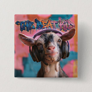 The Beat Kid - Cool Goat DJ with Headphones 2 Inch Square Button