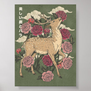 The Beautiful Deer And Roses Poster