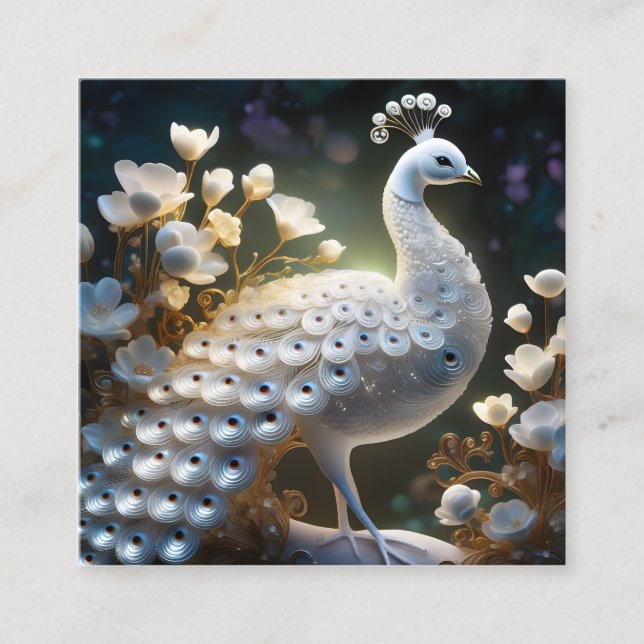 The beautiful white peacock is coalescing luminesc square business card (Front)