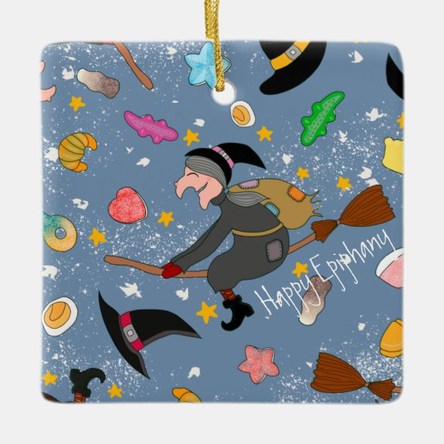 The befana comes at night with the broom pattern ceramic ornament (Front)