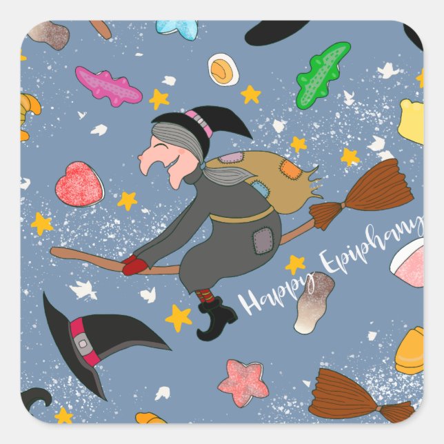 The befana comes at night with the broom pattern square sticker (Front)