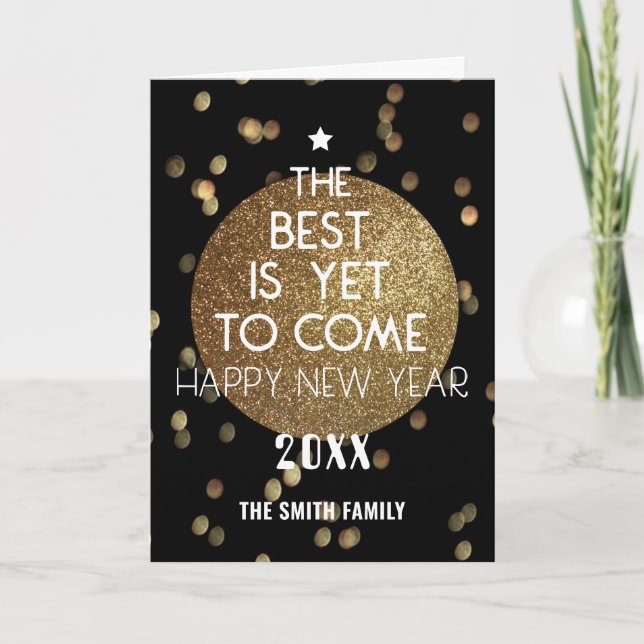 The Best Is Yet To Come Festive Bokeh Photo Holiday Card (Front)
