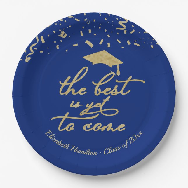 The Best Is Yet To Come Gold Blue Grad Party  Paper Plate (Front)