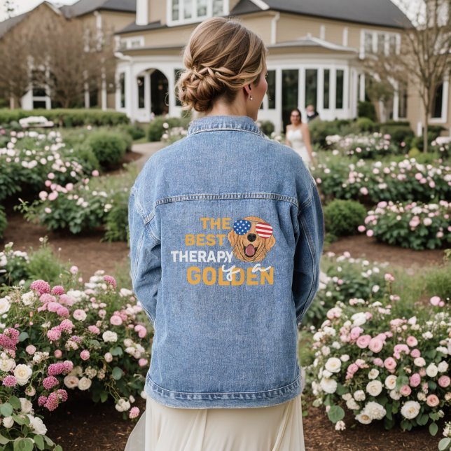 The Best Therapy Is a Golden Retriever – Patriotic Denim Jacket (Wedding Back)