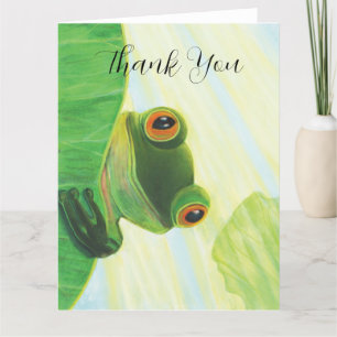The big-eyed green frog behind lily pad   thank you card