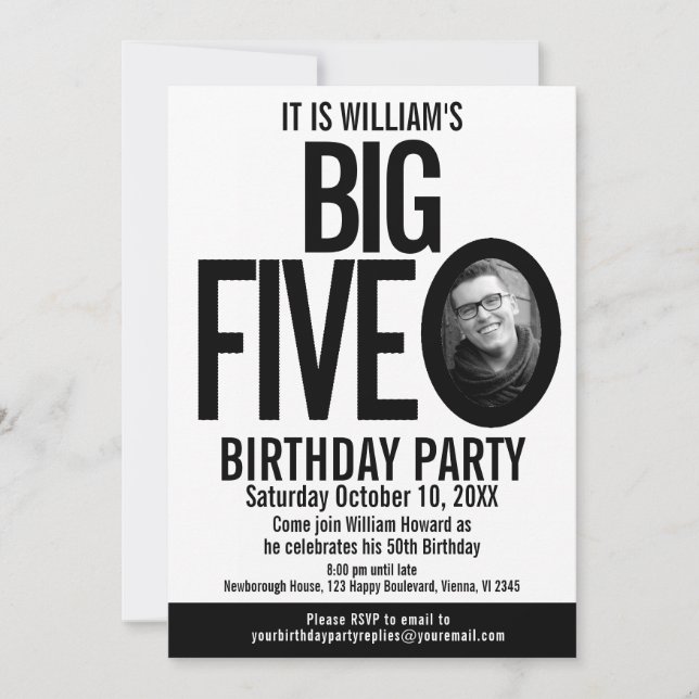 The Big Five 0 50th Birthday photo black white Invitation (Front)