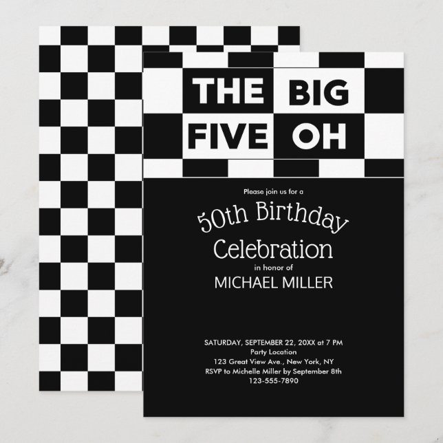The Big Five Oh Black and White Chequered Pattern Invitation (Front/Back)