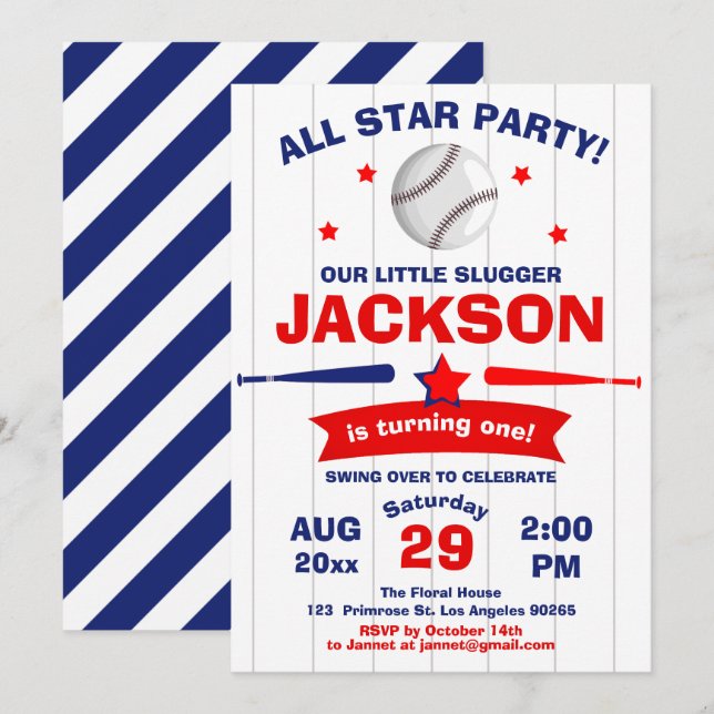 The Big One Baseball Boy Little Slugger Birthday Invitation (Front/Back)