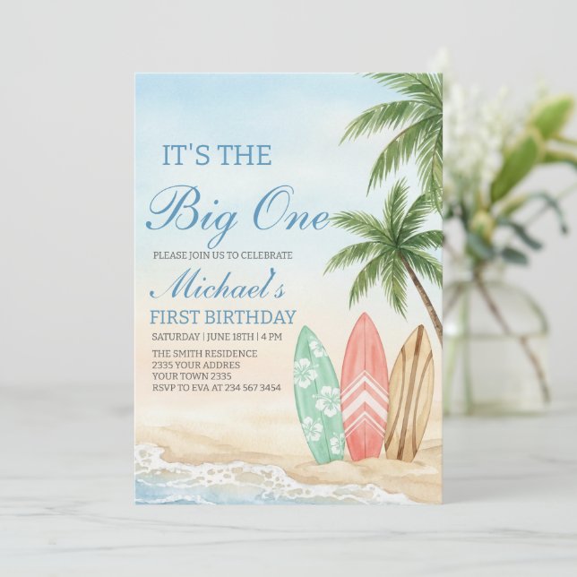 The Big One Beach Surf 1st Birthday Invitation (Standing Front)