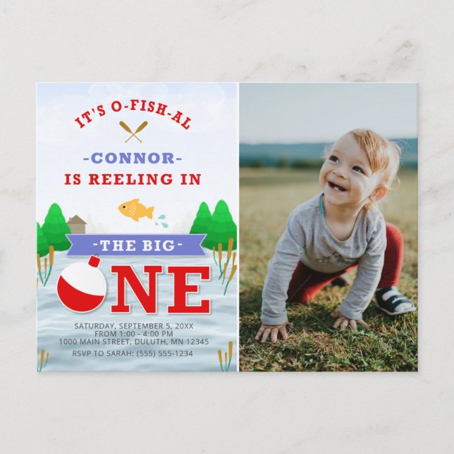 The Big One Colourful Fishing Theme 1st Birthday I Postcard (Front)