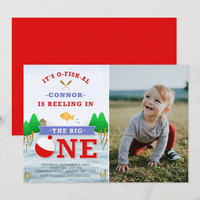 The Big One Colourful Fishing Theme 1st Birthday Invitation (Front/Back)
