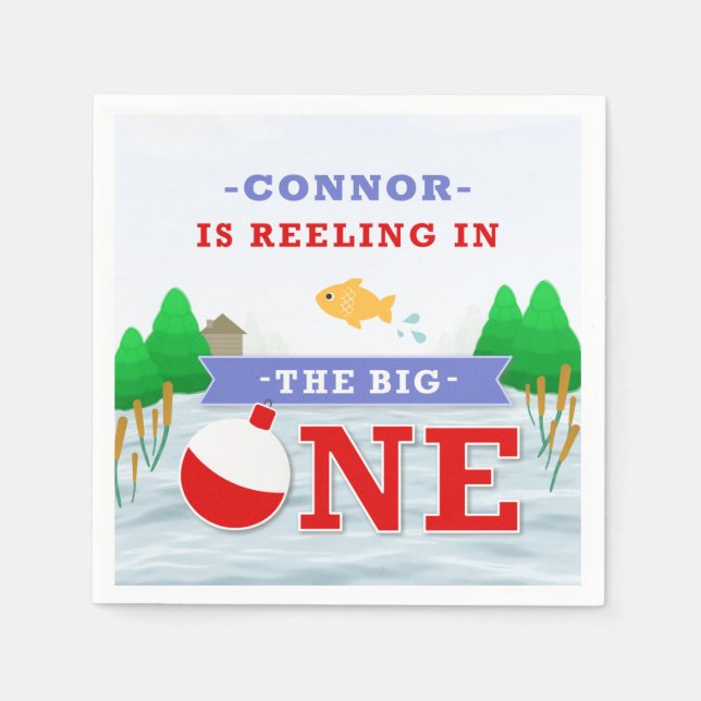 The Big One Colourful Fishing Theme 1st Birthday Napkin (Front)