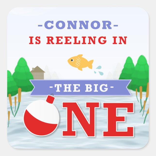The Big One Colourful Fishing Theme 1st Birthday Square Sticker (Front)