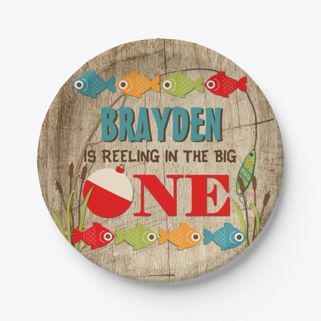 The Big One Fishing Theme Boys First Birthday Paper Plate (Front)