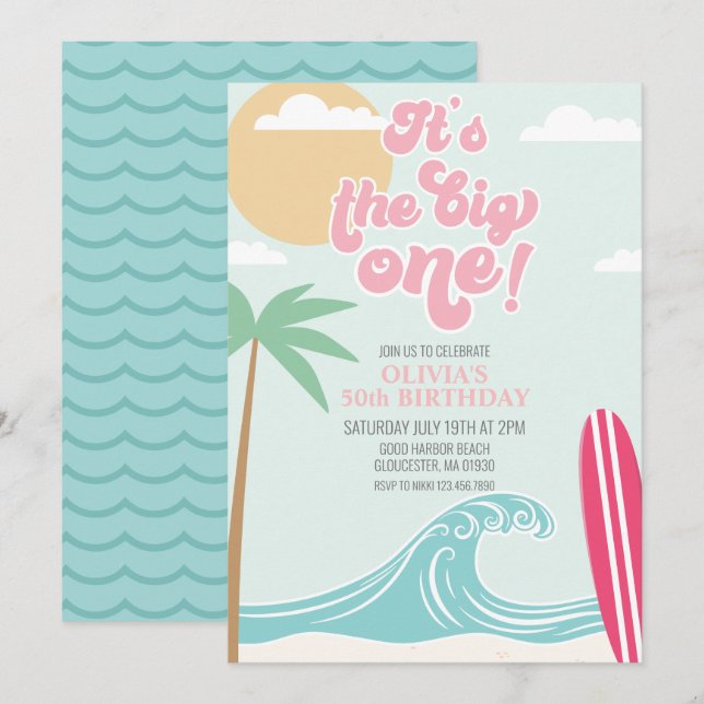 The Big One Pink Beach Birthday Invitation (Front/Back)