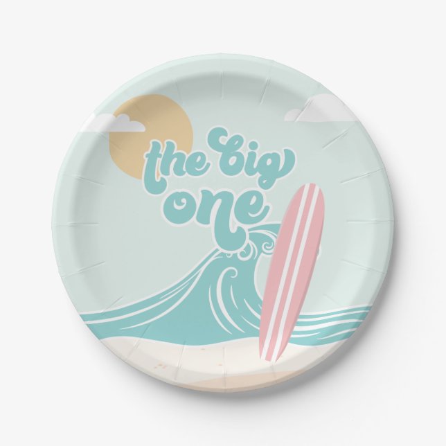 The Big One Pink Beach Birthday Paper Plates (Front)