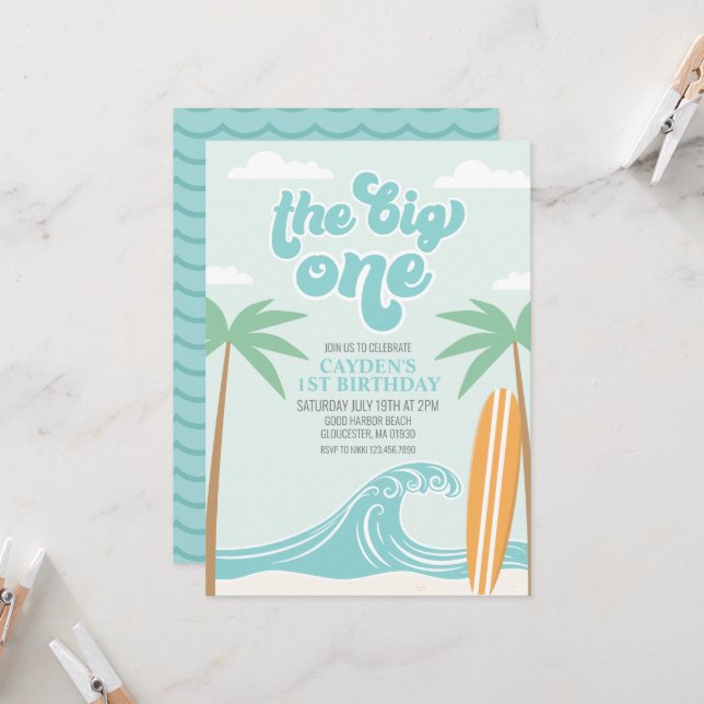 The Big One Surf Beach 1st Birthday Invitation (Front/Back In Situ)