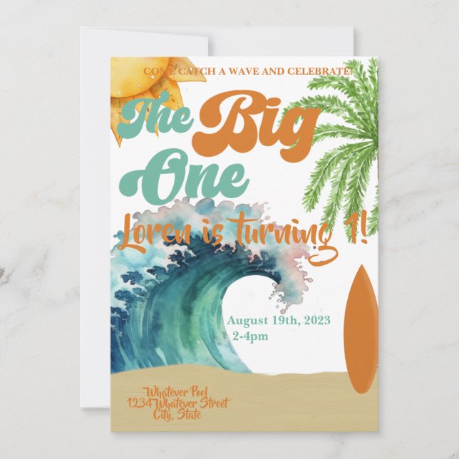 The Big One Surf Themed 1st Birthday Party  Invitation (Front)