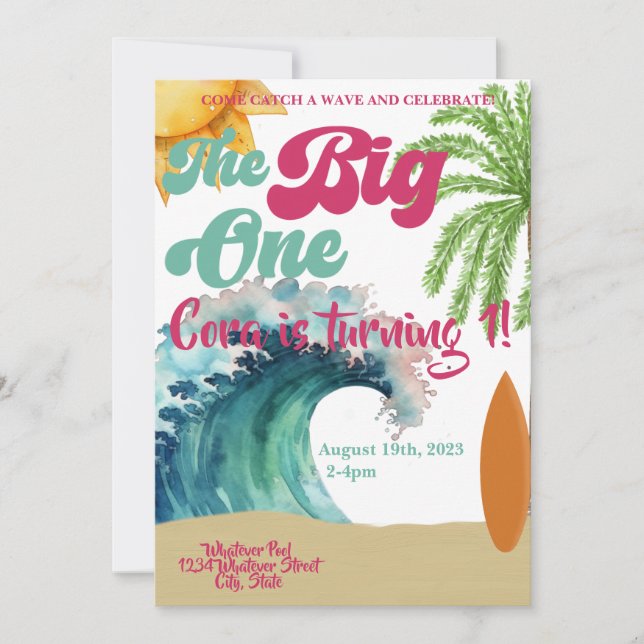 The Big One Surf Themed 1st Birthday Party  Invitation (Front)