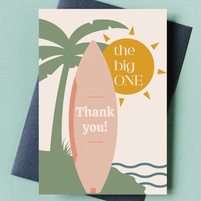 "The big ONE" Surfboard Ocean 1st Birthday Party Thank You Card ("The big one" surfing first birthday party thank you card pink surfboard 1st bday thanks gift note)