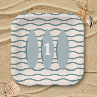 "The big ONE" surfboard ocean first birthday party Paper Plate