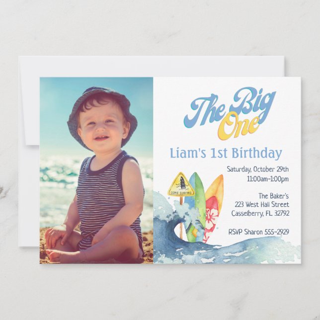 The Big One Surfer Baby First Birthday Invitations (Front)
