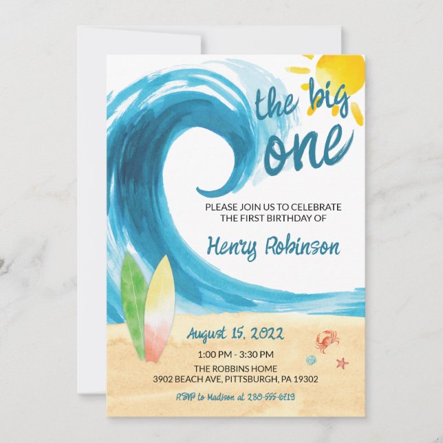The Big One Surfer First Birthday Invitation (Front)