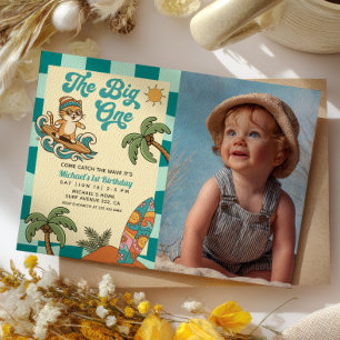 The Big One Surfer Retro 1st Birthday Photo  Invitation