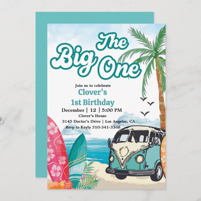 The Big One Surfing 1st Birthday Invitation (Front/Back)