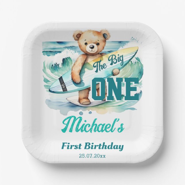 The big one surfing birthday party tableware paper plate (Front)