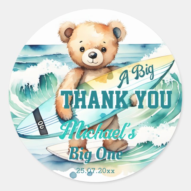 The big one surfing birthday party thank you classic round sticker (Front)