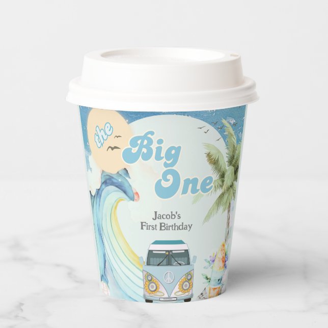 The Big One Surfing Retro First Birthday Party Paper Cups (Front)