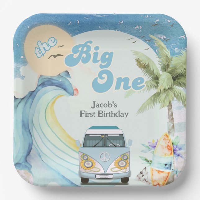 The Big One Surfing Retro First Birthday Party Paper Plate (Front)