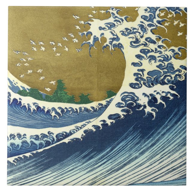 The Big Wave (Blue and Gold Japanese Art, Hokusai) Tile (Front)