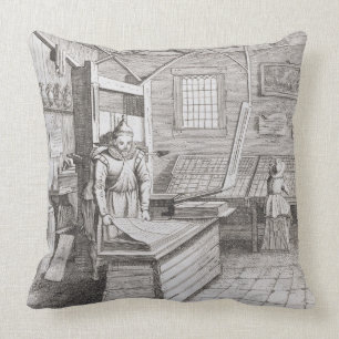 The bindery of Laurens Janszoon Koster, engraved b Throw Pillow