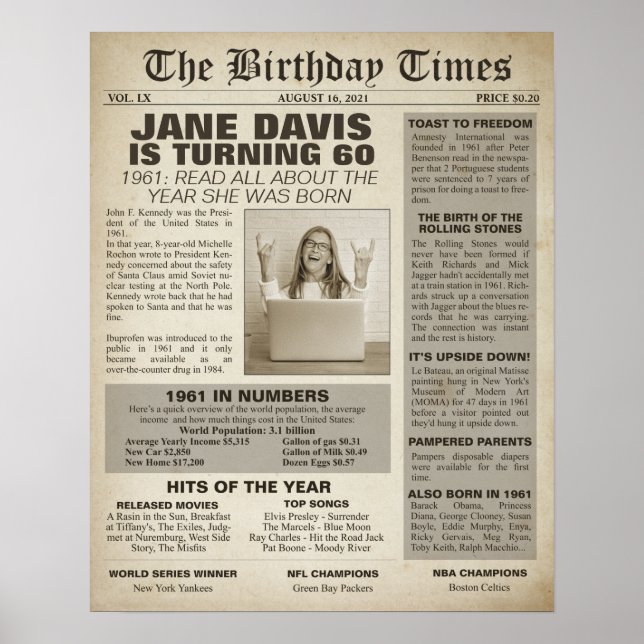 The Birthday Times 1961 Sign for a 60th birthday (Front)