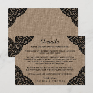 The Black Lace On Rustic Burlap Wedding Collection Enclosure Card