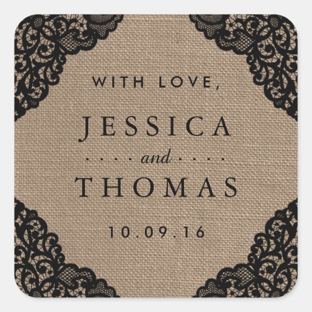The Black Lace On Rustic Burlap Wedding Collection Square Sticker (Front)